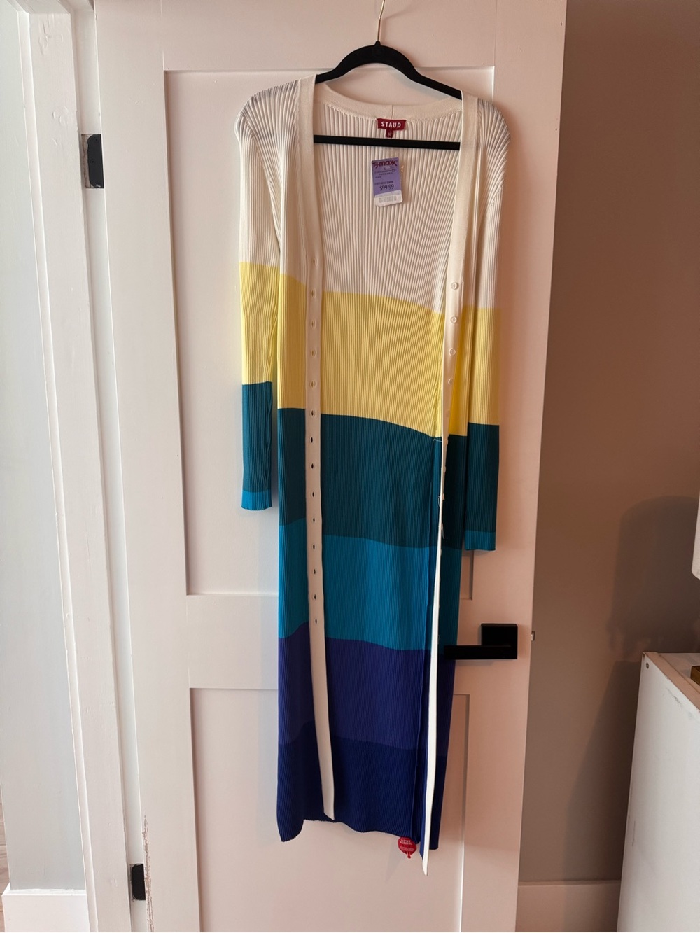STAUD Long Ribbed Colorblock Dress in White, Yellow & Blue Shades